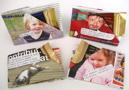 Name place settings made from the publication, Montessori Voices with text embellished on them for a bit of fun